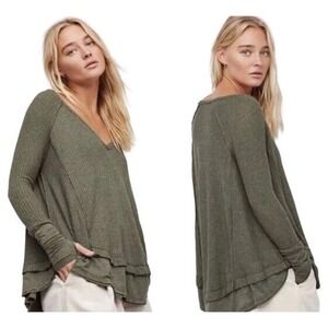 We The Free Free People Laguna Army Green Thermal Top SM Oversized Fitted Sleeve